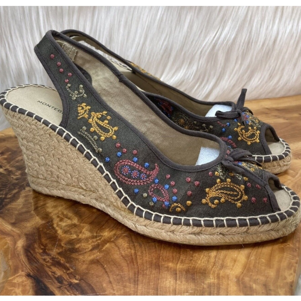MontegoBay Club EspadrilleWedge Sandal BrownFloral Slingback Embroidered-Sz 7.5​